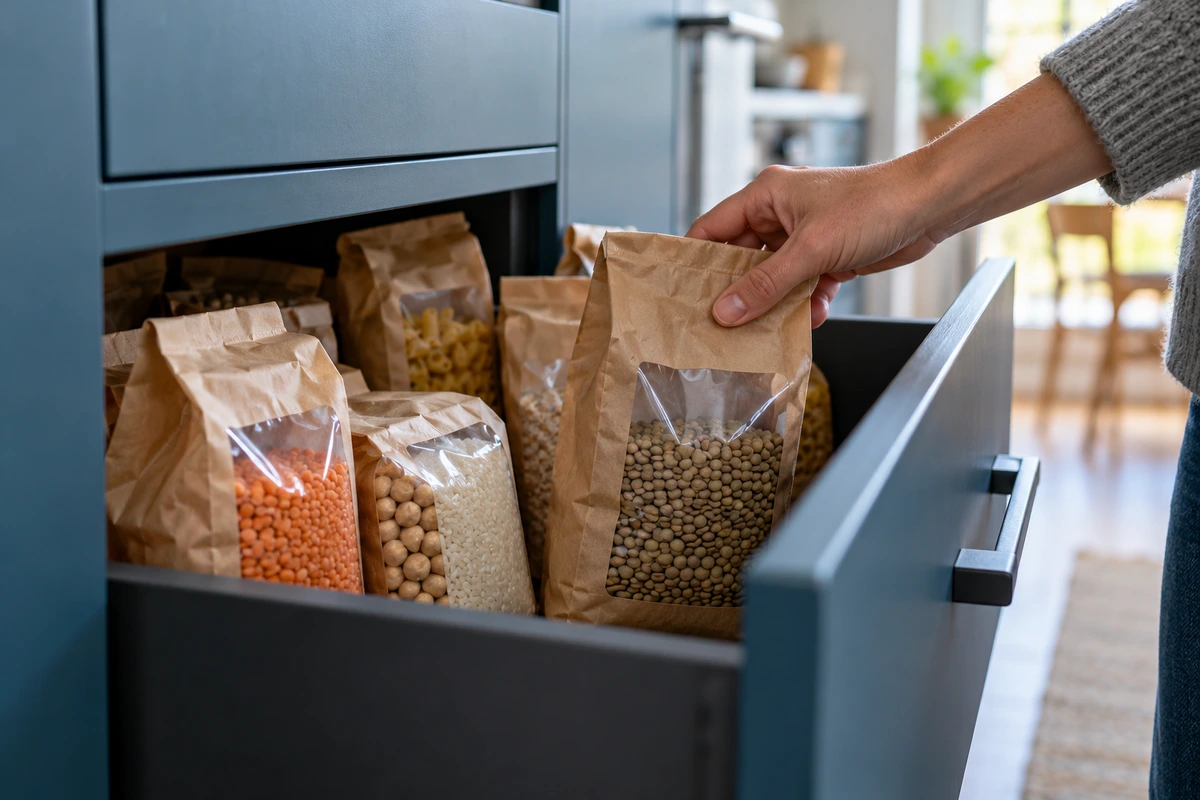 Une main range un sachet de lentilles dans un tiroir de cuisine bleu contenant des sachets de légumineuses, de riz et de pâtes.